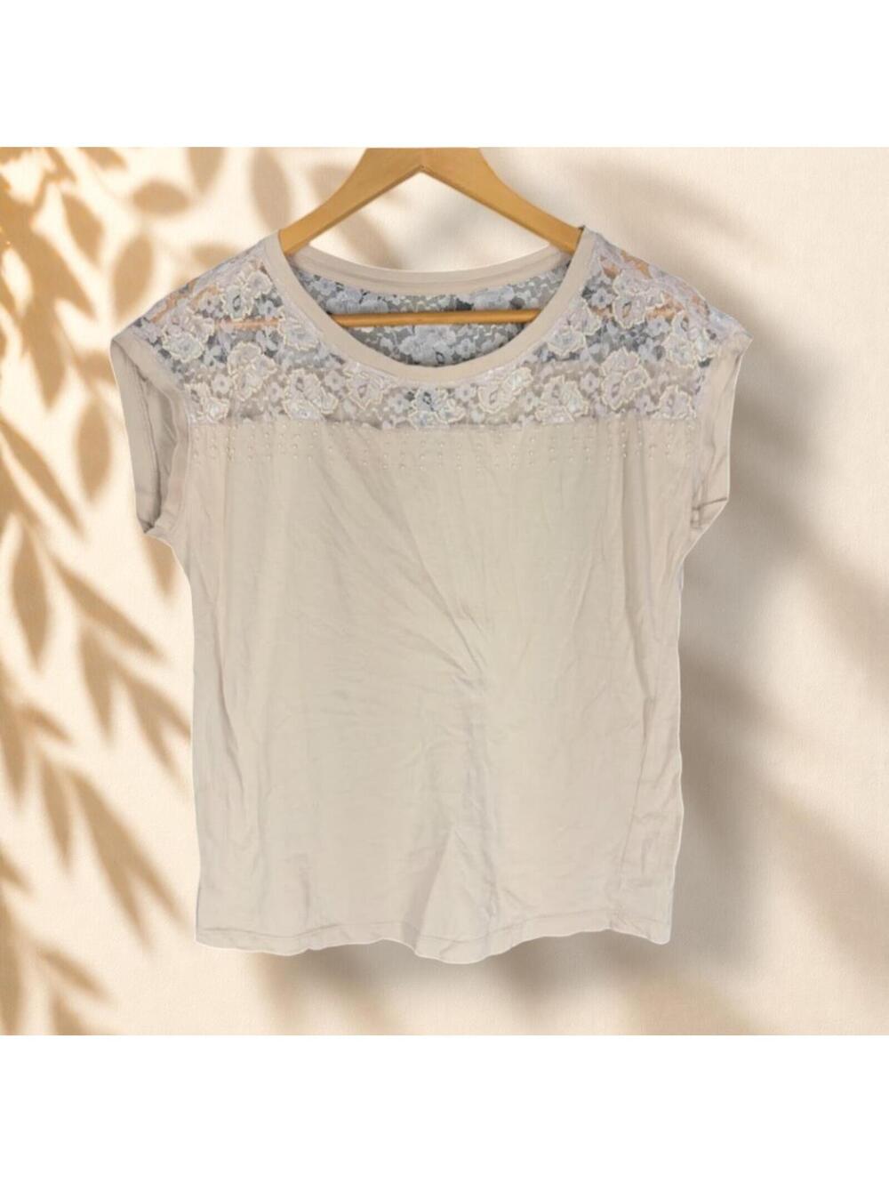 Grace Elements Blouse Women S Small Beige Floral Crochet Short Sleeve Cotton